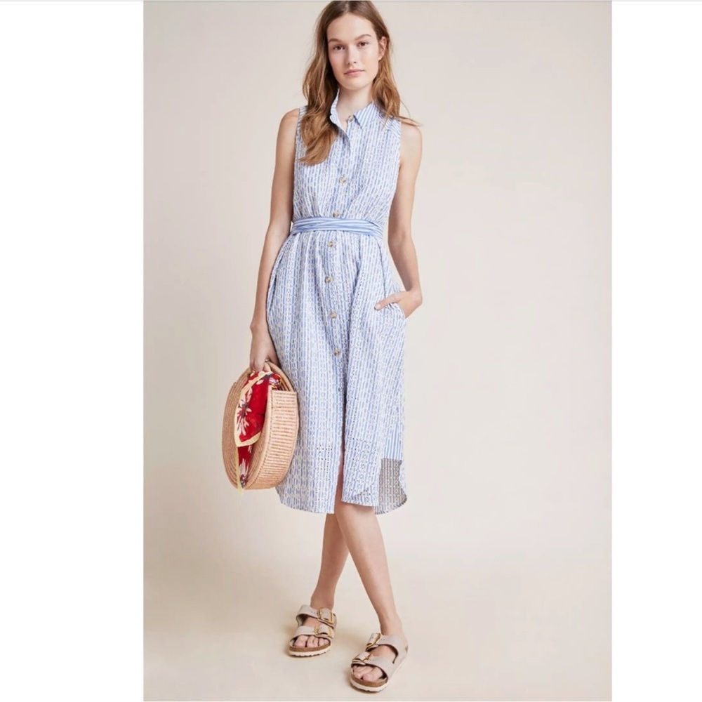 Anthropologie Kismet Breezy Eyelet Button-Down Shirtdress Striped Blue & White 4